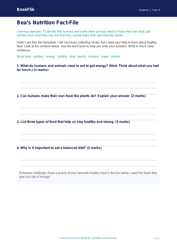 Free Nutrition Template | Year 4 Supported | BookFlik worksheet preview — Science Nutrition
