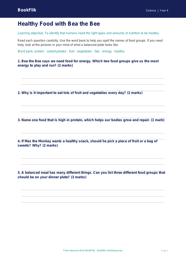 Free Nutrition Worksheet | Year 4 Supported | BookFlik worksheet preview — Science Nutrition