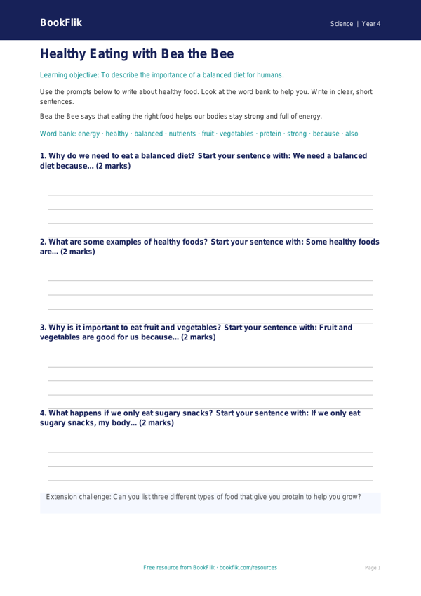 Free Nutrition Writing Frame | Year 4 Supported | BookFlik worksheet preview — Science Nutrition