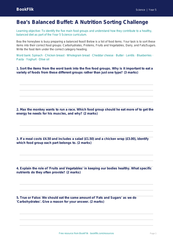 Free Nutrition Activity Sheet | Year 5 Core | BookFlik worksheet preview — Science Nutrition