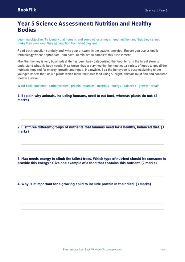 Free Nutrition Assessment | Year 5 Core | BookFlik worksheet preview — Science Nutrition