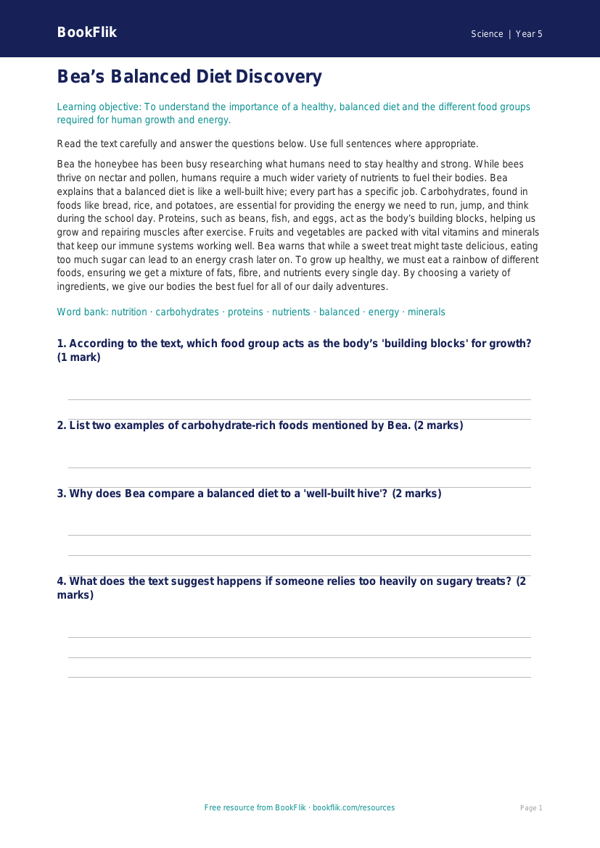 Free Nutrition Comprehension | Year 5 Core | BookFlik worksheet preview — Science Nutrition