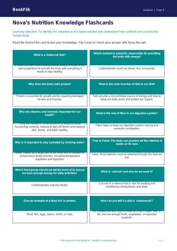 Free Nutrition Flashcards | Year 5 Core | BookFlik worksheet preview — Science Nutrition
