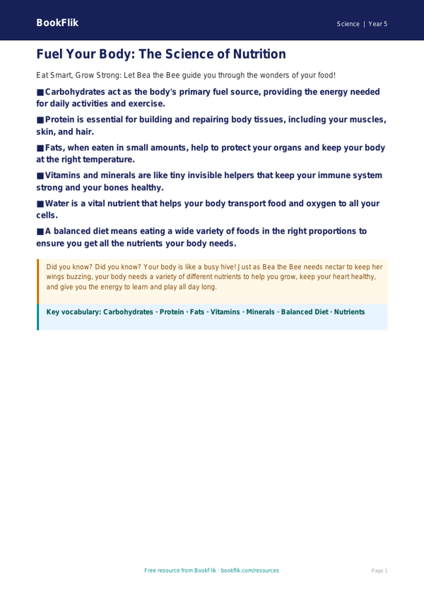 Free Nutrition Poster | Year 5 Core | BookFlik worksheet preview — Science Nutrition
