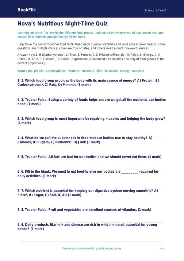 Free Nutrition Quiz | Year 5 Core | BookFlik worksheet preview — Science Nutrition
