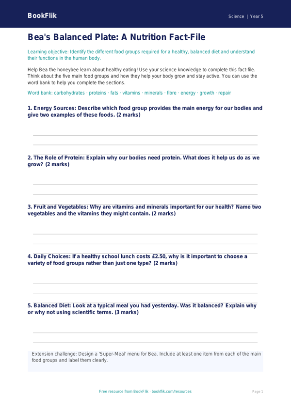 Free Nutrition Template | Year 5 Core | BookFlik worksheet preview — Science Nutrition