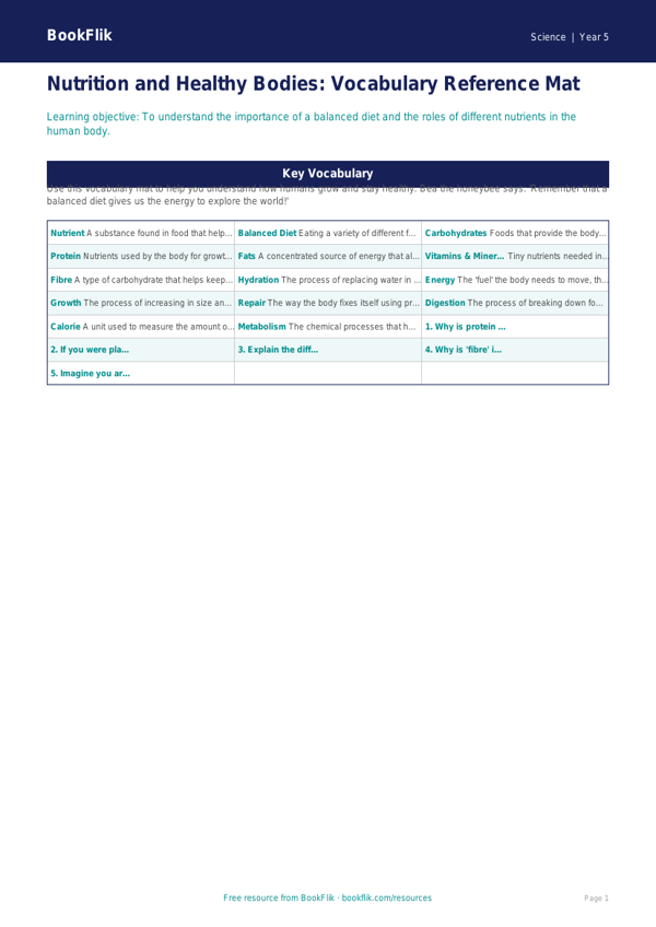 Free Nutrition Word Mat | Year 5 Core | BookFlik worksheet preview — Science Nutrition
