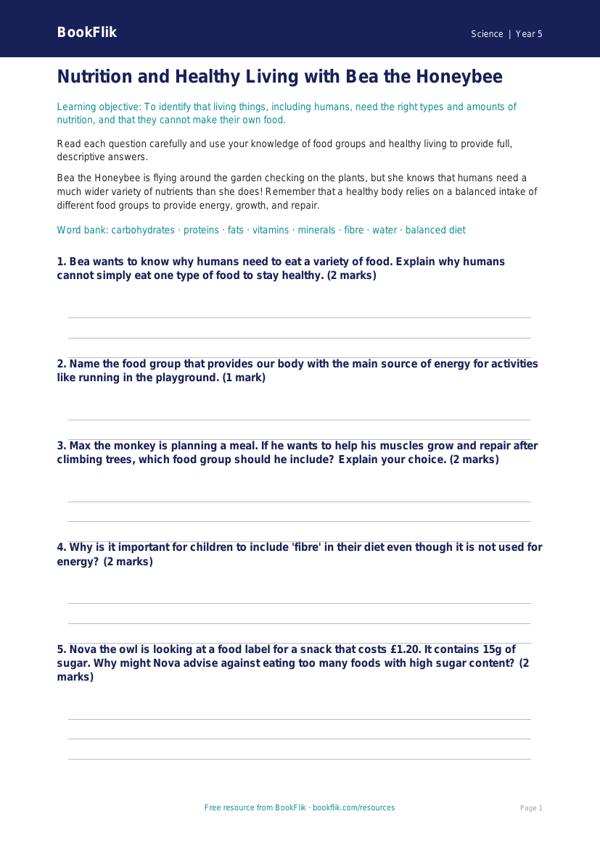 Free Nutrition Worksheet | Year 5 Core | BookFlik worksheet preview — Science Nutrition