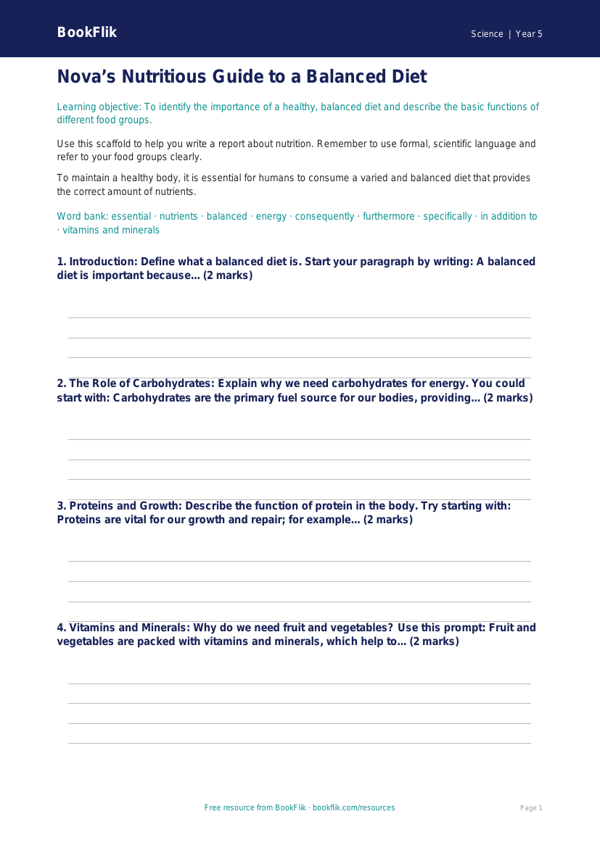 Free Nutrition Writing Frame | Year 5 Core | BookFlik worksheet preview — Science Nutrition
