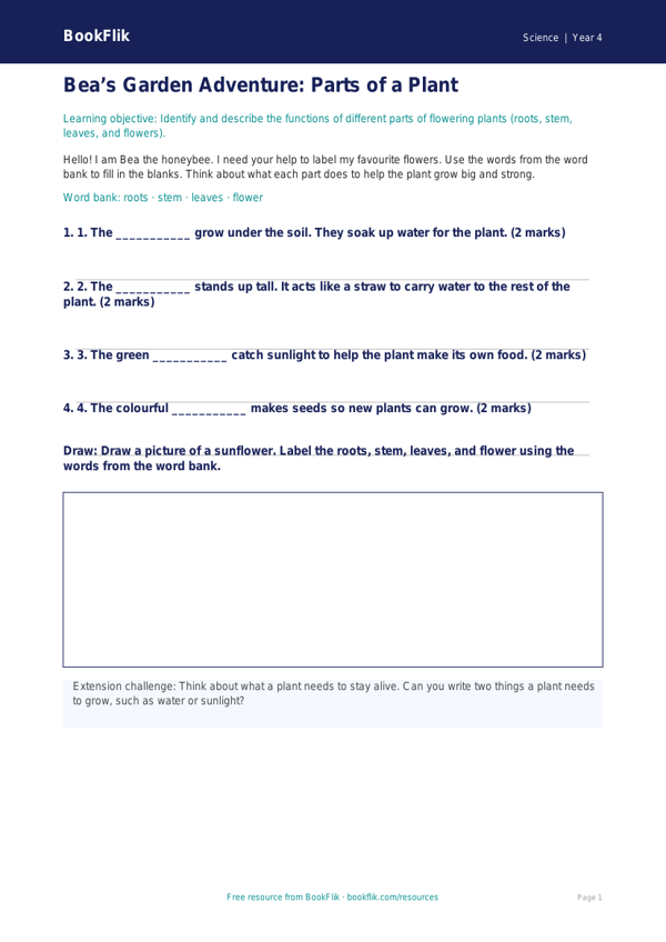 Free Plants Activity Sheet | Year 4 Supported | BookFlik worksheet preview — Science Plants
