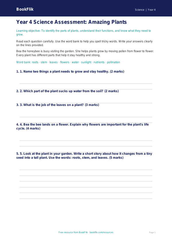 Free Plants Assessment | Year 4 Supported | BookFlik worksheet preview — Science Plants