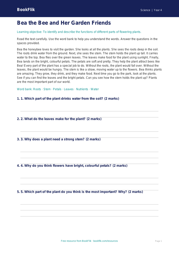 Free Plants Comprehension | Year 4 Supported | BookFlik worksheet preview — Science Plants