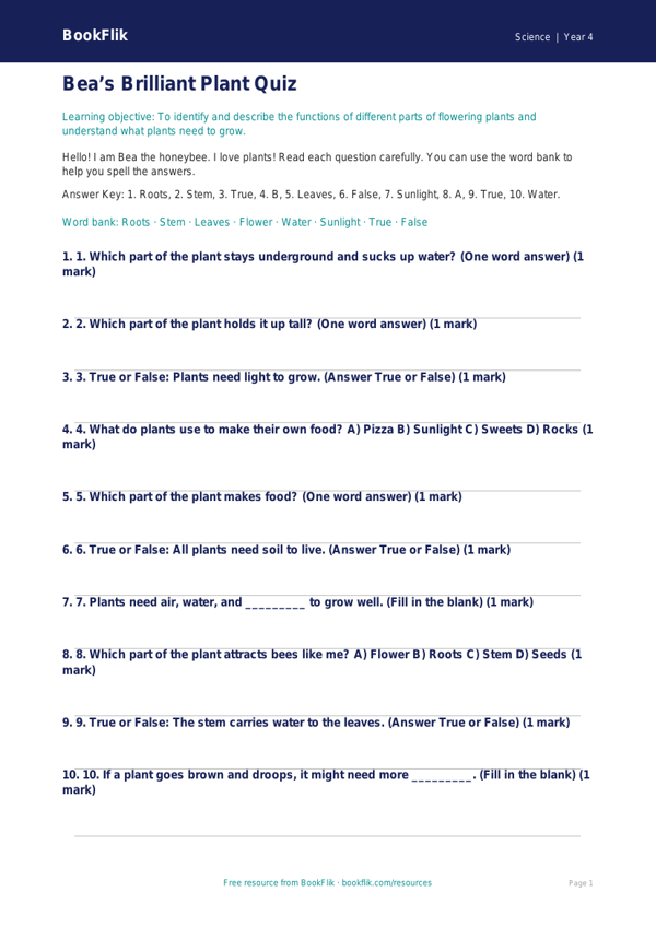 Free Plants Quiz | Year 4 Supported | BookFlik worksheet preview — Science Plants