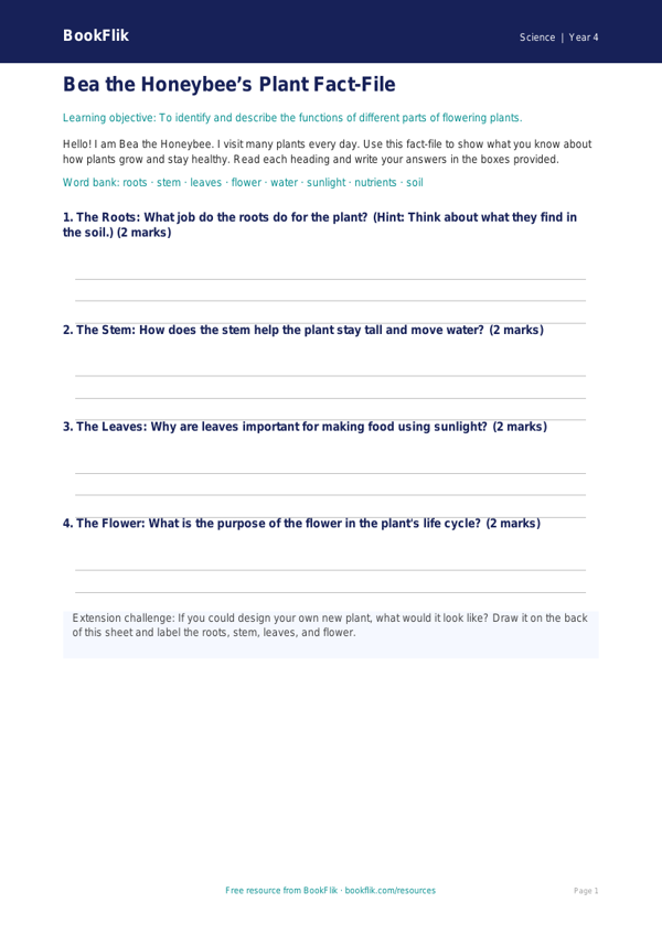 Free Plants Template | Year 4 Supported | BookFlik worksheet preview — Science Plants