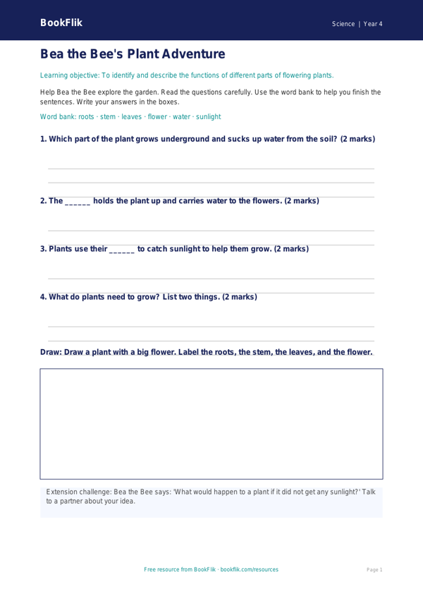 Free Plants Worksheet | Year 4 Supported | BookFlik worksheet preview — Science Plants
