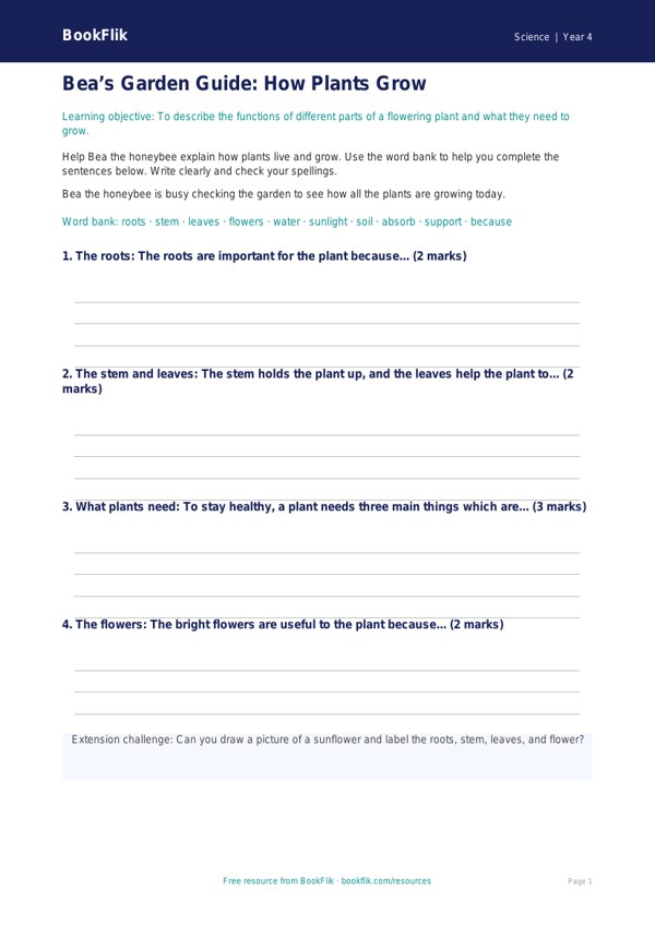 Free Plants Writing Frame | Year 4 Supported | BookFlik worksheet preview — Science Plants