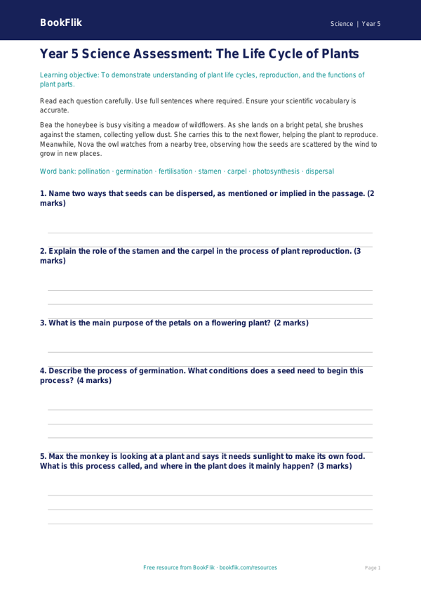 Free Plants Assessment | Year 5 Core | BookFlik worksheet preview — Science Plants