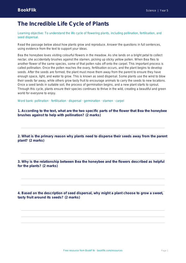 Free Plants Comprehension | Year 5 Core | BookFlik worksheet preview — Science Plants