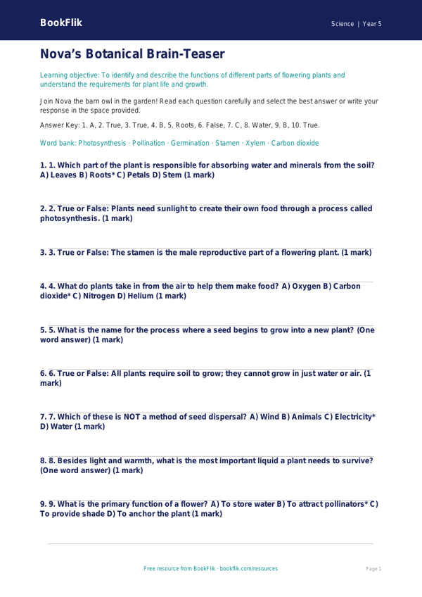 Free Plants Quiz | Year 5 Science Worksheet | BookFlik worksheet preview — Science Plants