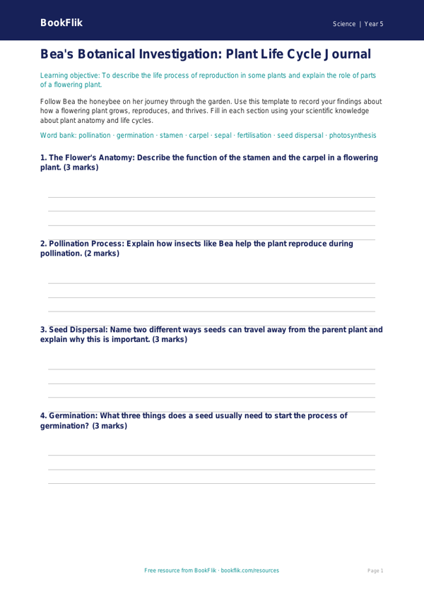 Free Plants Template | Year 5 Core | BookFlik worksheet preview — Science Plants