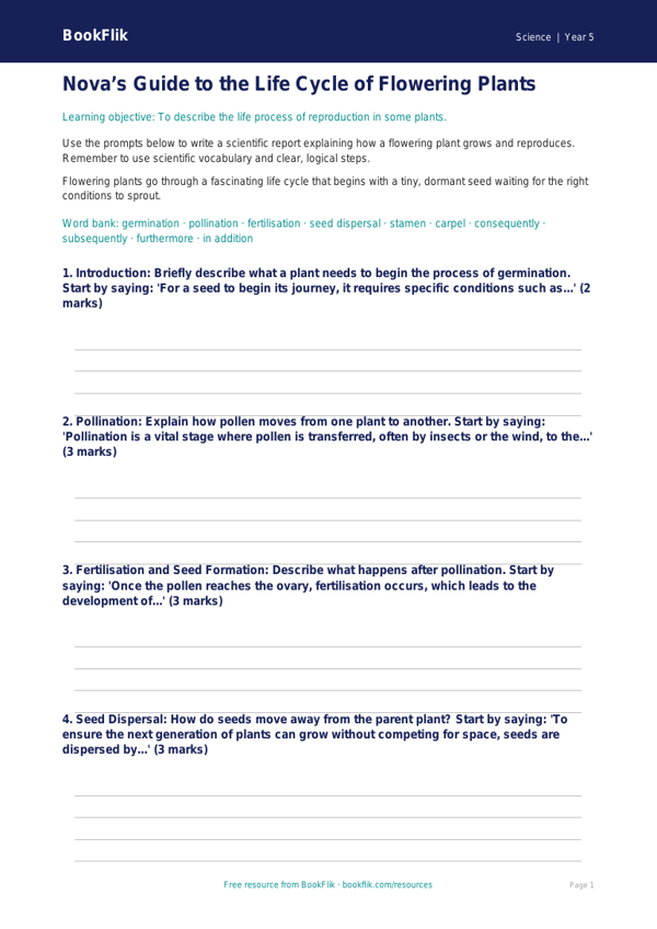 Free Plants Writing Frame | Year 5 Core | BookFlik worksheet preview — Science Plants