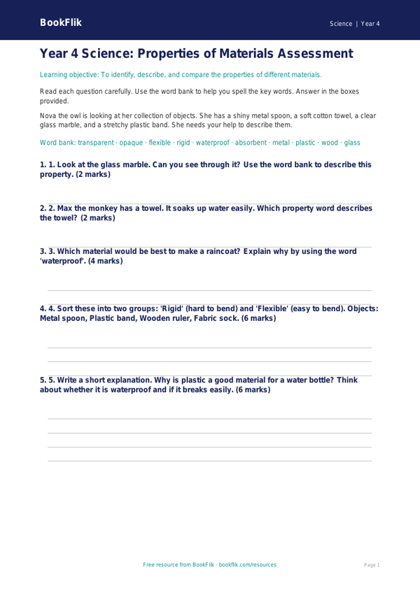Free Properties Of Materials Assessment | Year 4 Supported | BookFlik worksheet preview — Science Properties Of Materials