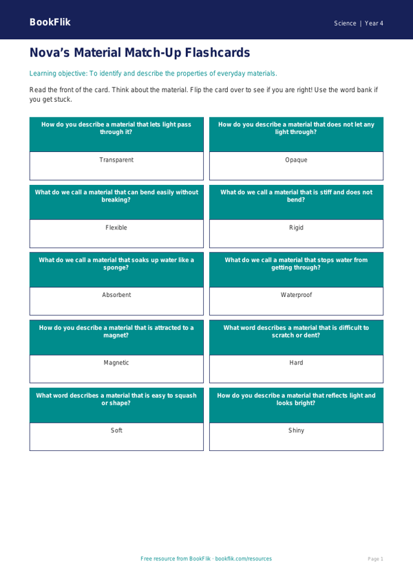 Free Properties Of Materials Flashcards | Year 4 Supported | BookFlik worksheet preview — Science Properties Of Materials