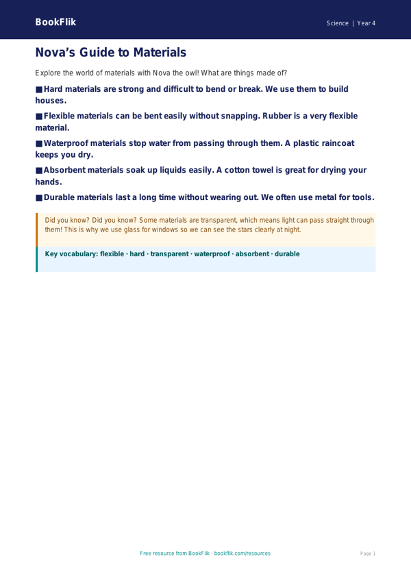 Free Properties Of Materials Poster | Year 4 Supported | BookFlik worksheet preview — Science Properties Of Materials