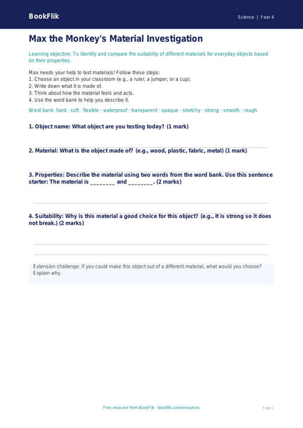 Free Properties Of Materials Worksheet | Year 4 Science | BookFlik worksheet preview — Science Properties Of Materials