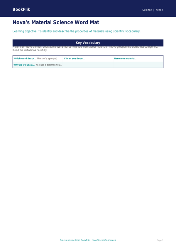 Free Properties Of Materials Word Mat | Year 4 Supported | BookFlik worksheet preview — Science Properties Of Materials
