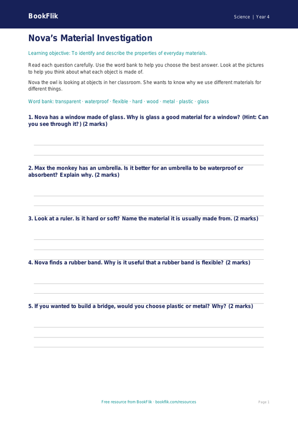Free Properties Of Materials Worksheet | Year 4 Supported | BookFlik worksheet preview — Science Properties Of Materials