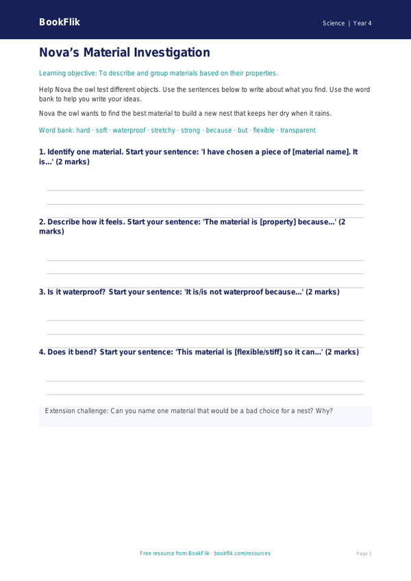 Free Properties Of Materials Writing Frame | Year 4 Supported | BookFlik worksheet preview — Science Properties Of Materials