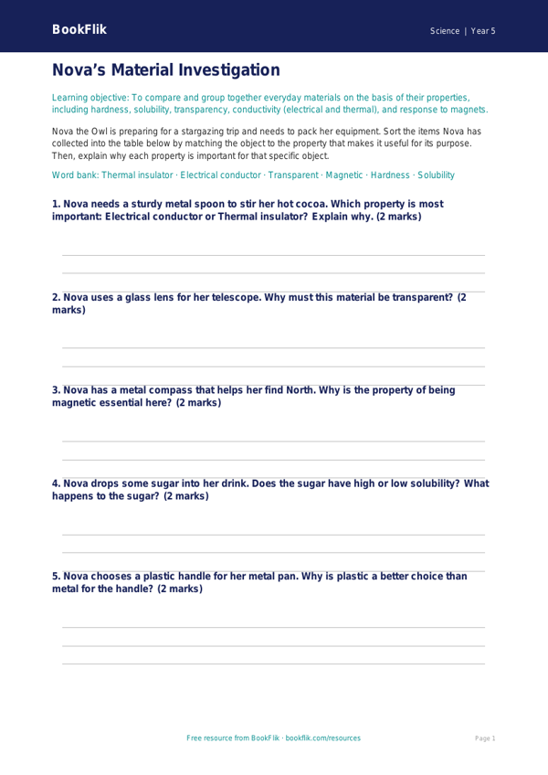 Free Properties Of Materials Activity Sheet | Year 5 Core | BookFlik worksheet preview — Science Properties Of Materials
