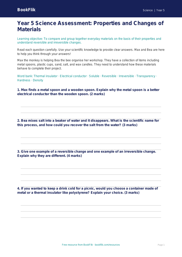 Free Properties Of Materials Assessment | Year 5 Core | BookFlik worksheet preview — Science Properties Of Materials