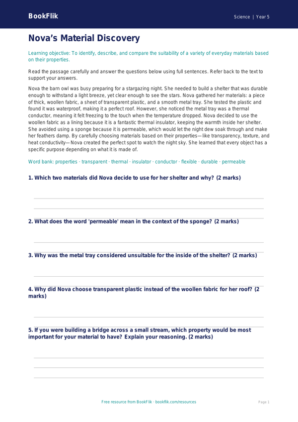 Free Properties Of Materials Comprehension | Year 5 Core | BookFlik worksheet preview — Science Properties Of Materials