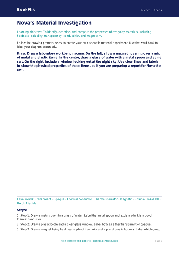 Free Properties Of Materials Drawing Sheet | Year 5 Core | BookFlik worksheet preview — Science Properties Of Materials