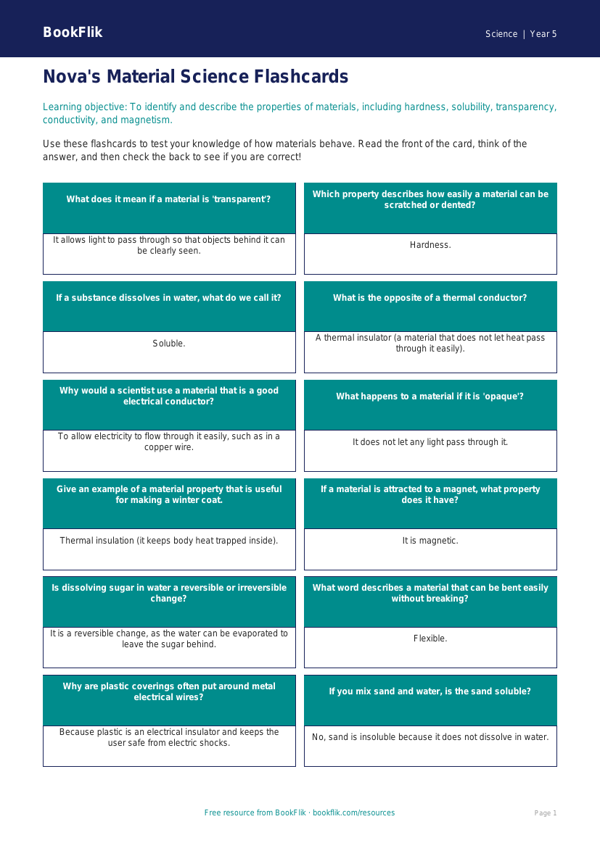 Free Properties Of Materials Flashcards | Year 5 Core | BookFlik worksheet preview — Science Properties Of Materials
