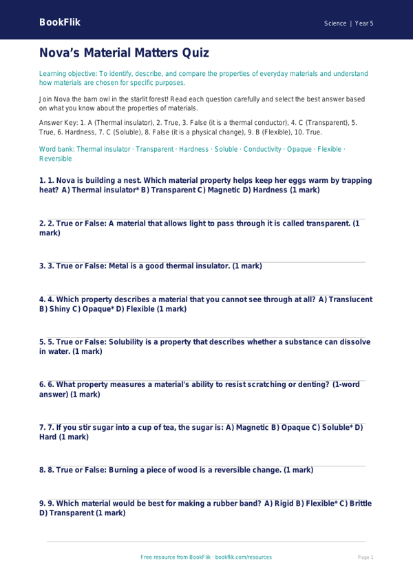 Free Properties Of Materials Quiz | Year 5 Core | BookFlik worksheet preview — Science Properties Of Materials