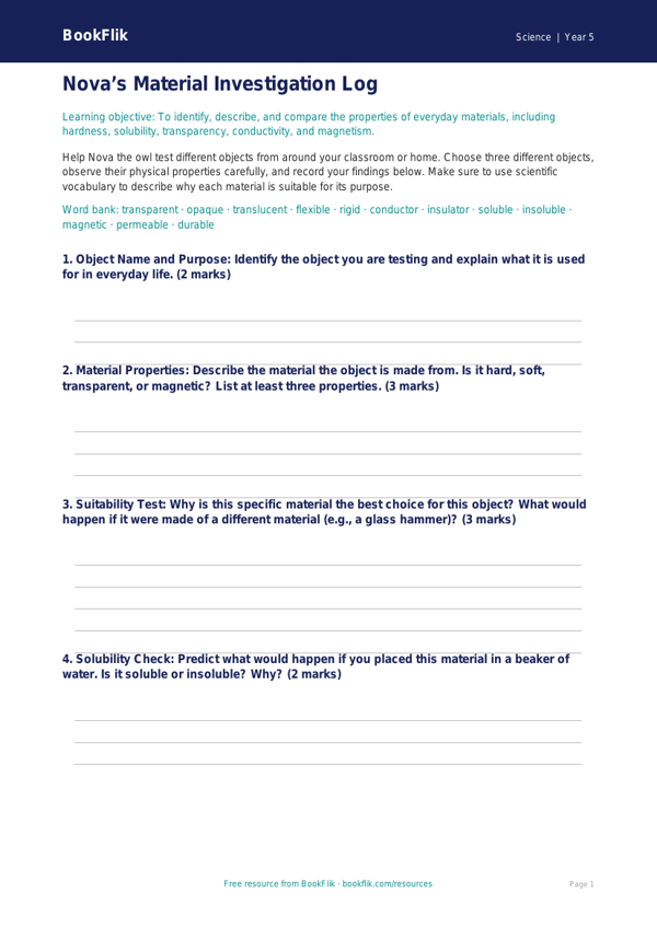 Free Properties Of Materials Worksheet | Year 5 Science | BookFlik worksheet preview — Science Properties Of Materials
