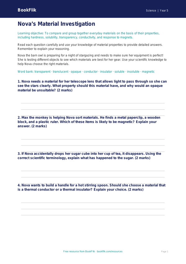 Free Properties Of Materials Worksheet | Year 5 Core | BookFlik worksheet preview — Science Properties Of Materials