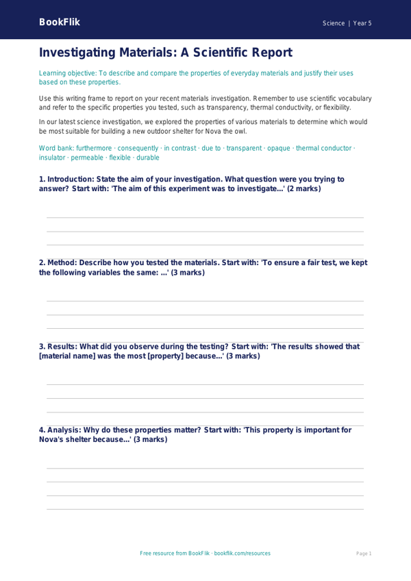 Free Properties Of Materials Writing Frame | Year 5 Core | BookFlik worksheet preview — Science Properties Of Materials