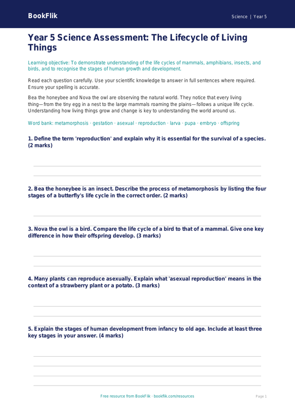 Free Reproduction Assessment | Year 5 Core | BookFlik worksheet preview — Science Reproduction