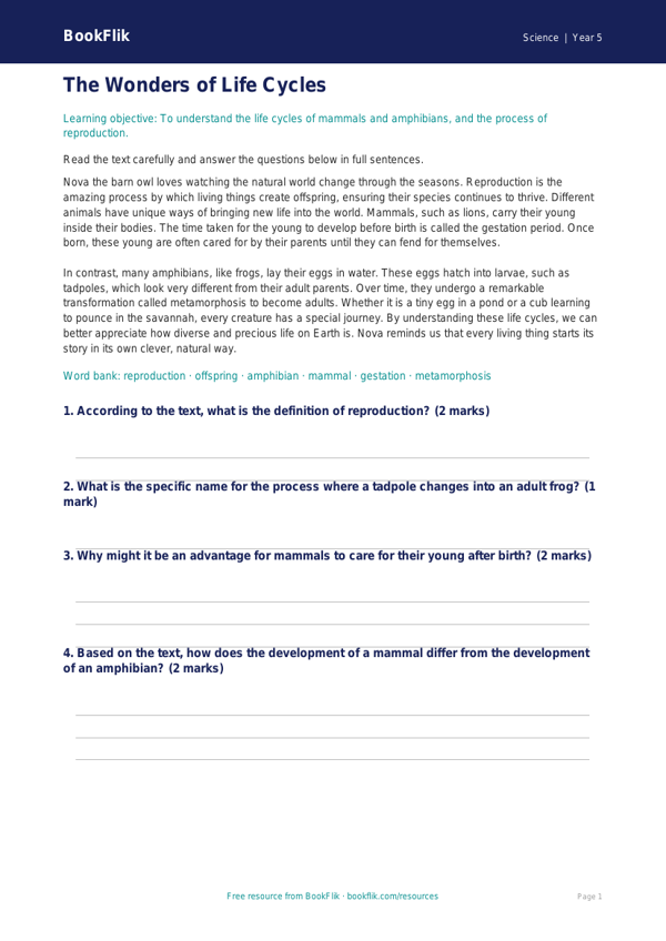 Free Reproduction Comprehension | Year 5 Core | BookFlik worksheet preview — Science Reproduction
