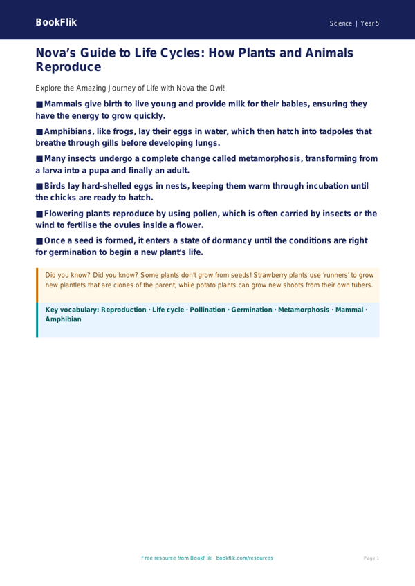 Free Reproduction Poster | Year 5 Core | BookFlik worksheet preview — Science Reproduction