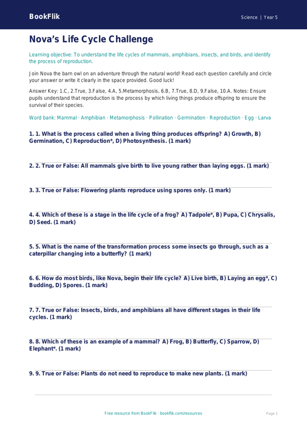 Free Reproduction Quiz | Year 5 Core | BookFlik worksheet preview — Science Reproduction