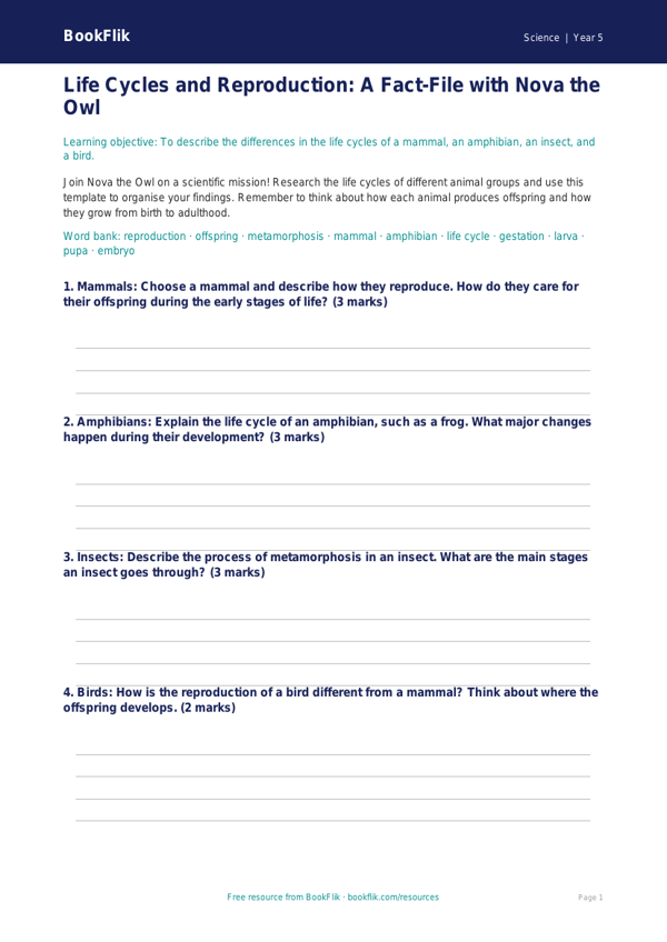 Free Reproduction Worksheet | Year 5 Science | BookFlik worksheet preview — Science Reproduction