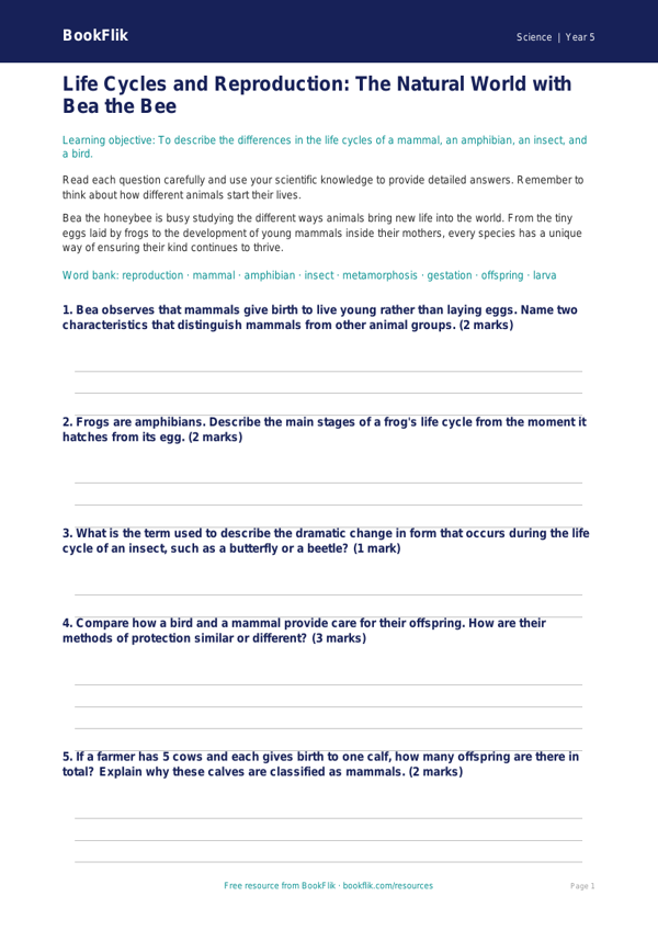 Free Reproduction Worksheet | Year 5 Core | BookFlik worksheet preview — Science Reproduction