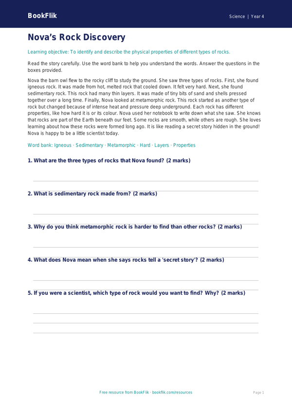 Free Rocks Comprehension | Year 4 Supported | BookFlik worksheet preview — Science Rocks