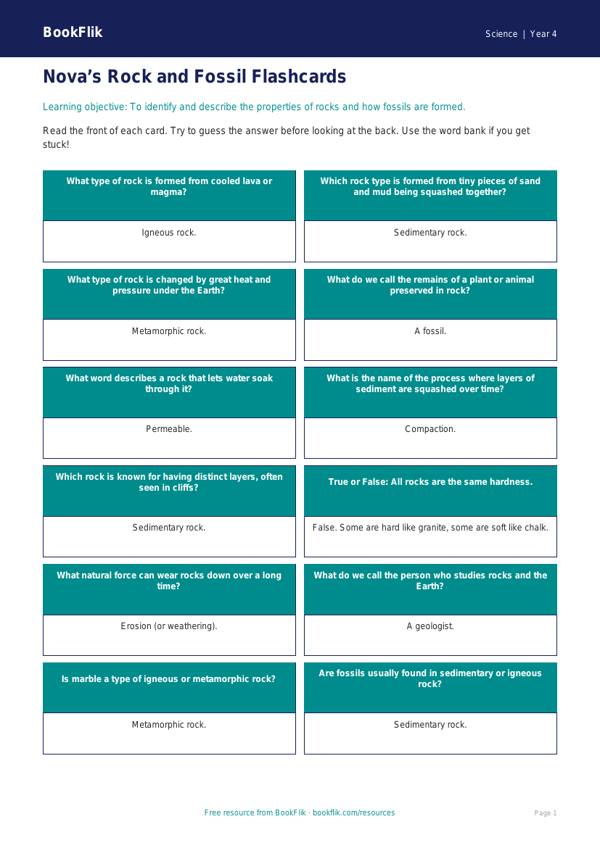 Free Rocks Flashcards | Year 4 Supported | BookFlik worksheet preview — Science Rocks