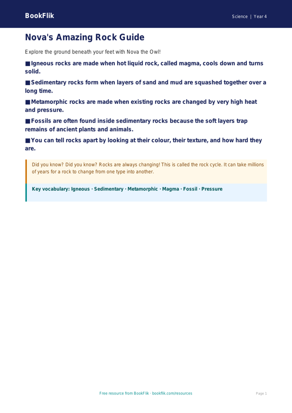 Free Rocks and Soils Poster | Year 4 Science Worksheet | BookFlik worksheet preview — Science Rocks
